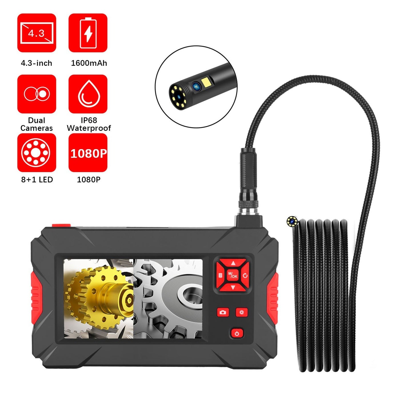 8mm Industrial Endoscope with HD 1080P Camera, Waterproof LED, 4.3 Screen Borescope for Automotive Inspection