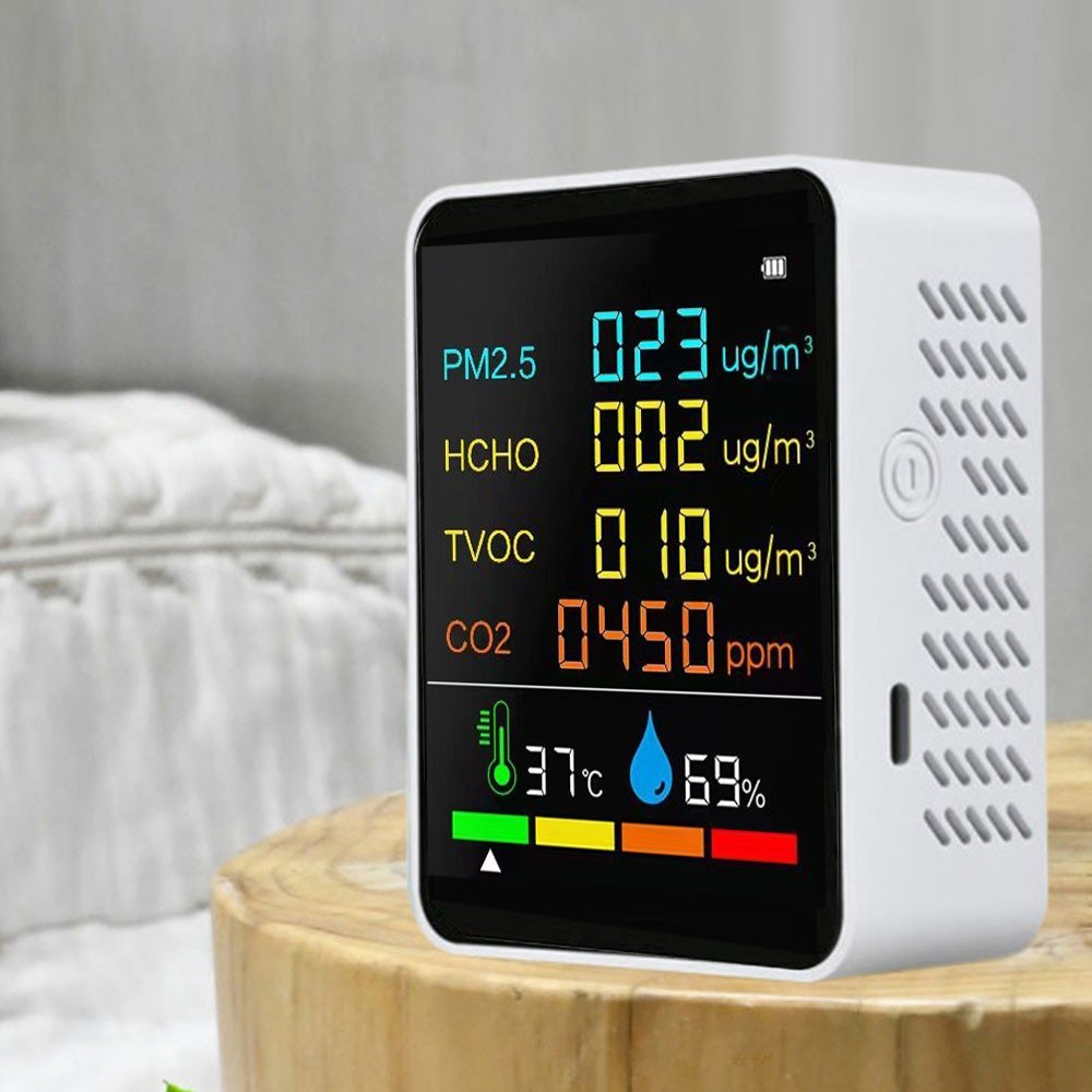 Multifunctional Air Quality Detector: CO2, PM2.5, TVOC, HCHO Monitor with Temperature & Humidity Display, Backlit LCD, Self-Calibration & Alarm Function