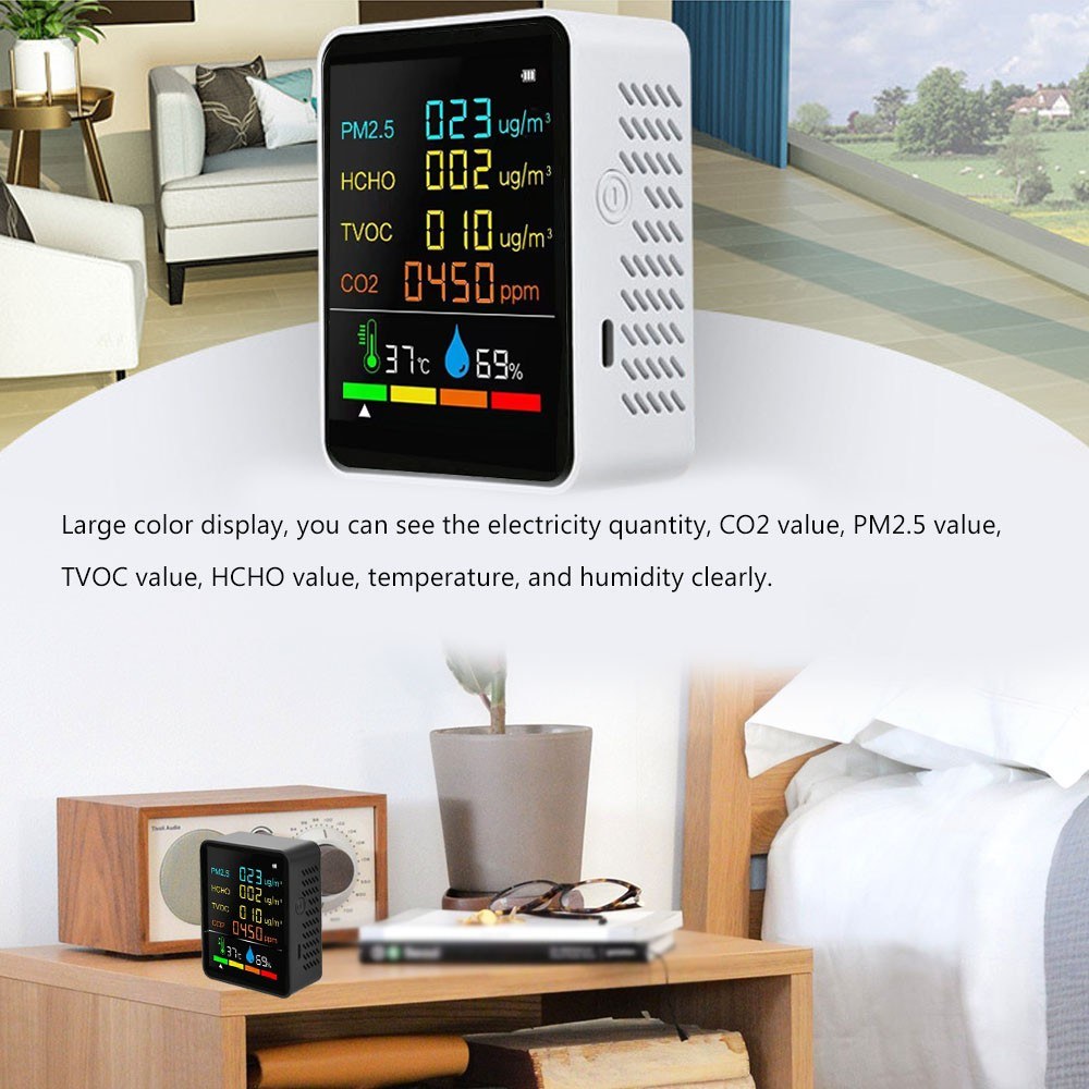 Multifunctional Air Quality Detector: CO2, PM2.5, TVOC, HCHO Monitor with Temperature & Humidity Display, Backlit LCD, Self-Calibration & Alarm Function