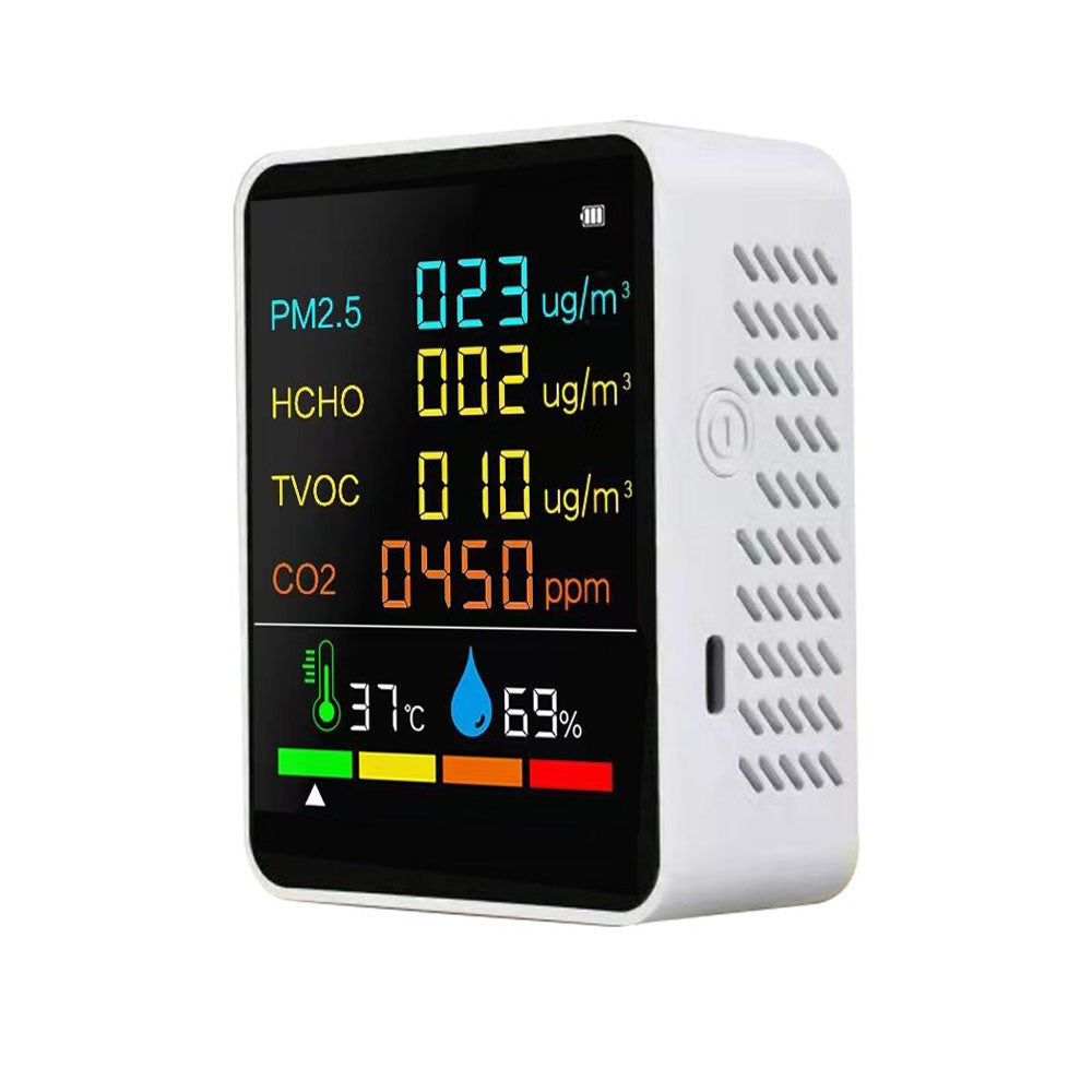 Multifunctional Air Quality Detector: CO2, PM2.5, TVOC, HCHO Monitor with Temperature & Humidity Display, Backlit LCD, Self-Calibration & Alarm Function