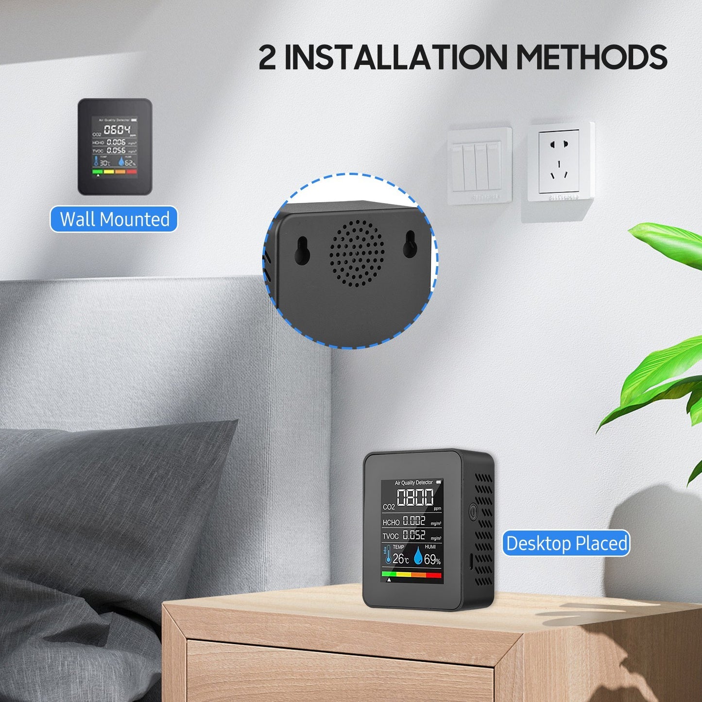5-in-1 Indoor Air Quality Monitor: CO2, Formaldehyde (HCHO), TVOC, Temperature, and Humidity LCD Tester