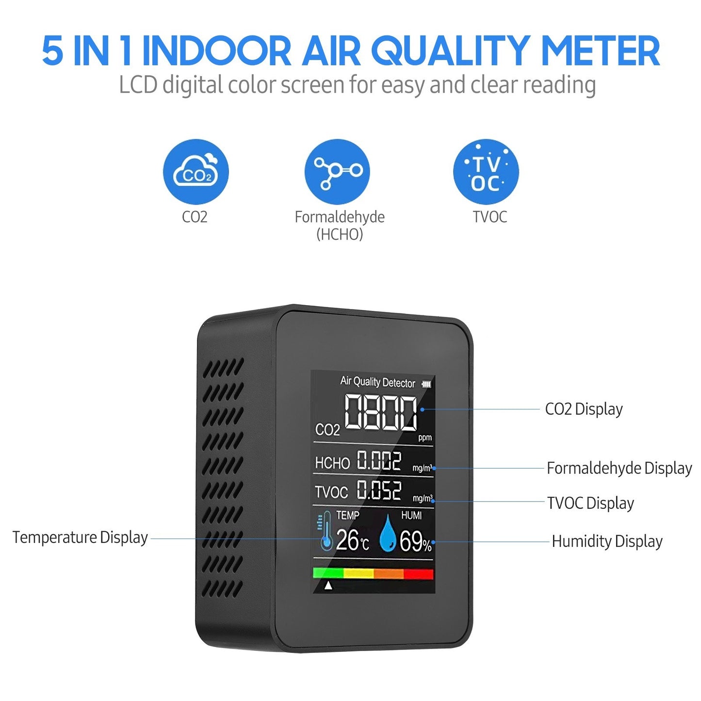 5-in-1 Indoor Air Quality Monitor: CO2, Formaldehyde (HCHO), TVOC, Temperature, and Humidity LCD Tester