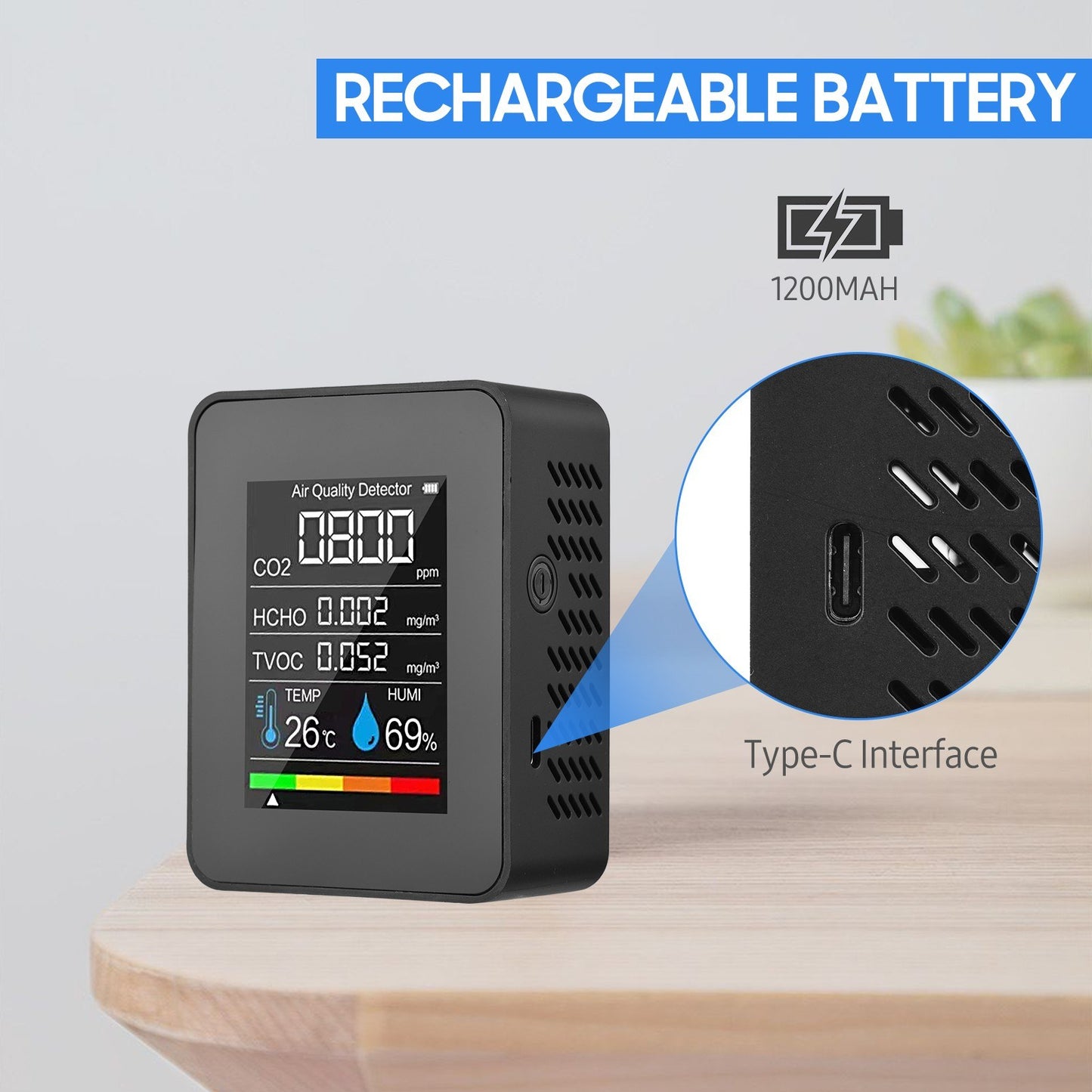 5-in-1 Indoor Air Quality Monitor: CO2, Formaldehyde (HCHO), TVOC, Temperature, and Humidity LCD Tester