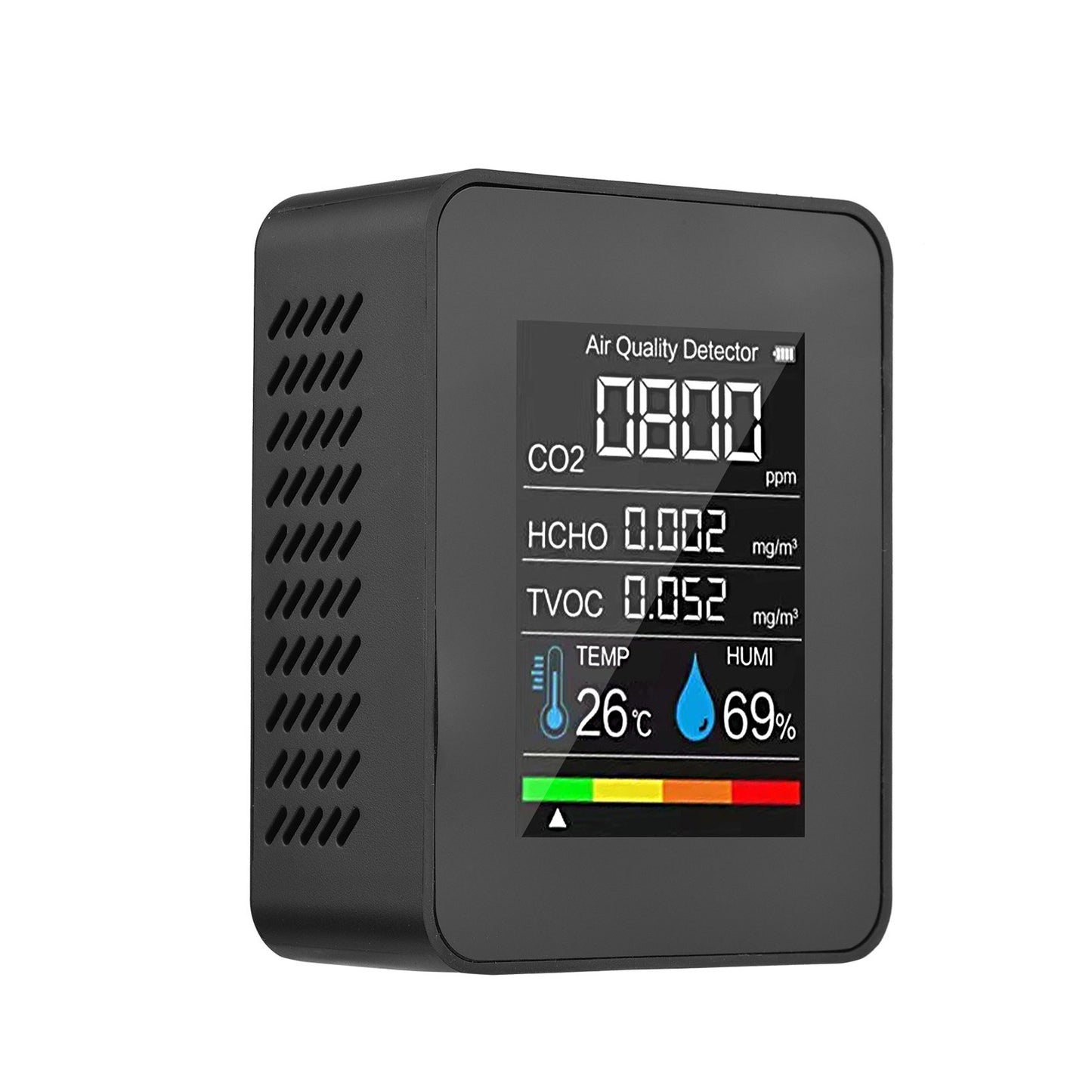 5-in-1 Indoor Air Quality Monitor: CO2, Formaldehyde (HCHO), TVOC, Temperature, and Humidity LCD Tester