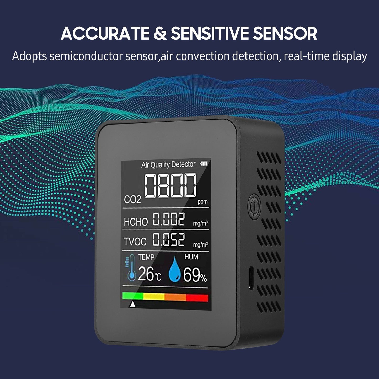 5-in-1 Indoor Air Quality Monitor: CO2, Formaldehyde (HCHO), TVOC, Temperature, and Humidity LCD Tester