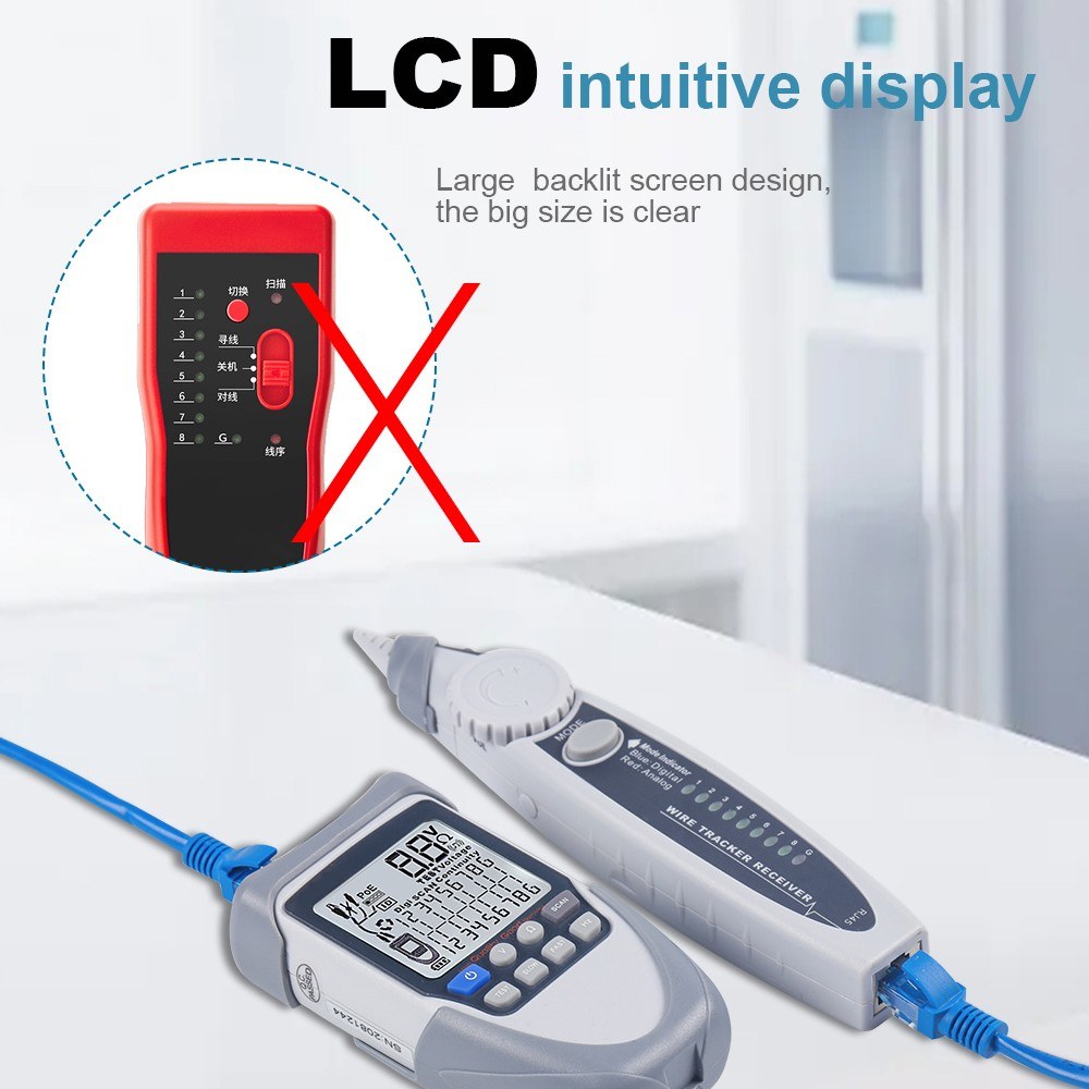 Portable Network Cable Tester with LCD Display, Multi-Function Wire Tracker, POE Test, Continuity & Voltage Checker, Flashlight Included