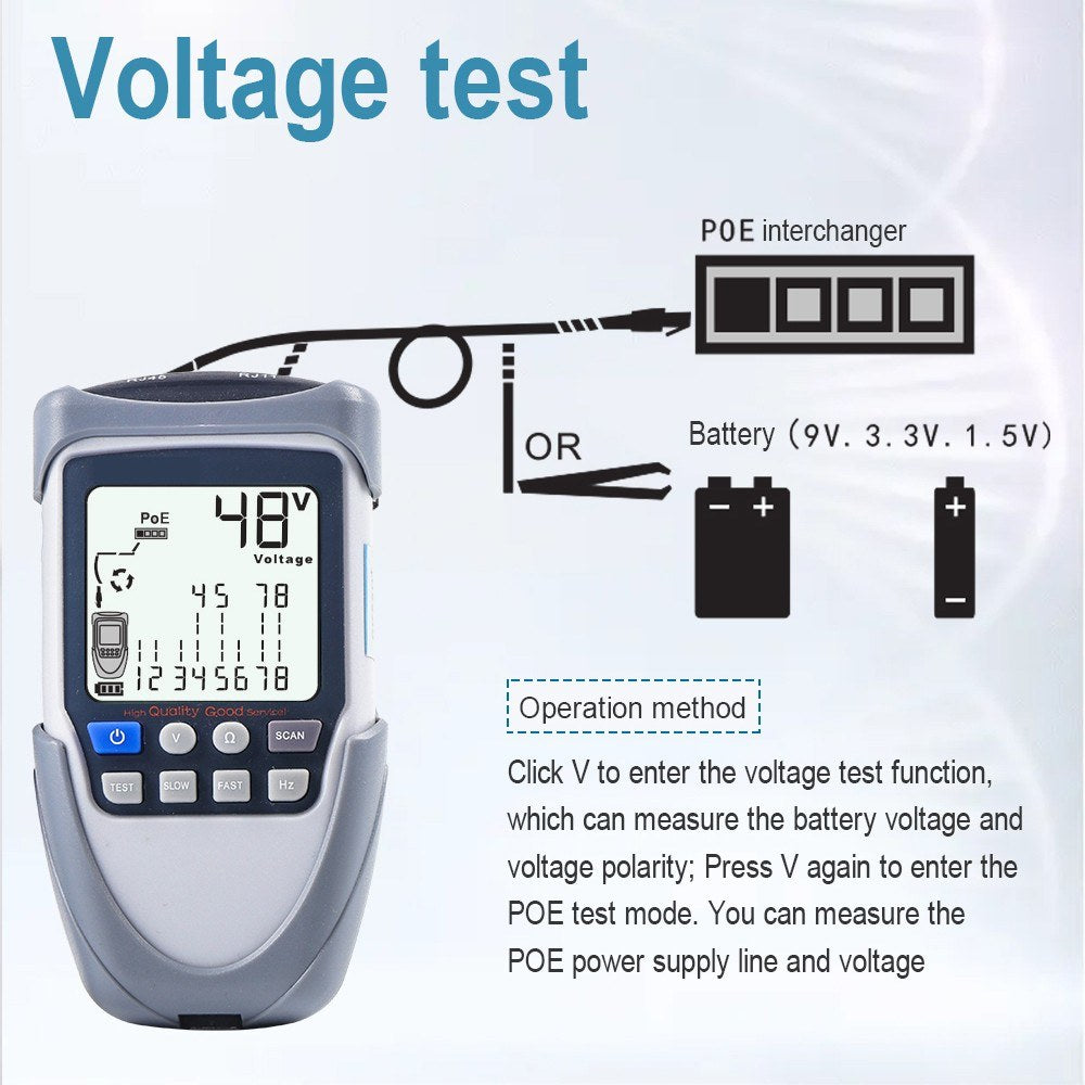 Portable Network Cable Tester with LCD Display, Multi-Function Wire Tracker, POE Test, Continuity & Voltage Checker, Flashlight Included