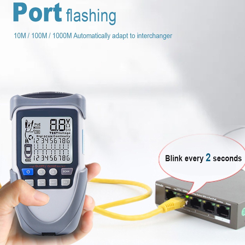 Portable Network Cable Tester with LCD Display, Multi-Function Wire Tracker, POE Test, Continuity & Voltage Checker, Flashlight Included