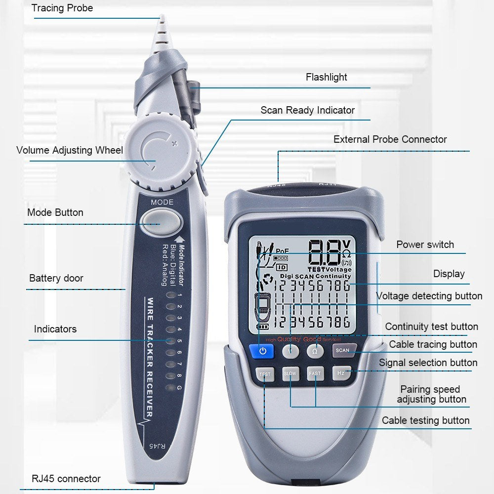 Portable Network Cable Tester with LCD Display, Multi-Function Wire Tracker, POE Test, Continuity & Voltage Checker, Flashlight Included