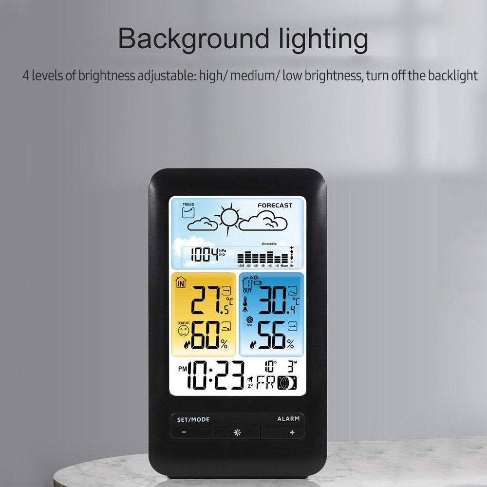 Multifunction LCD Weather Station Alarm Clock with Digital Temperature & Humidity Monitor - Indoor/Outdoor, Backlight, Date/Week, Moon Phase, Comfort Indicator for Home & Office