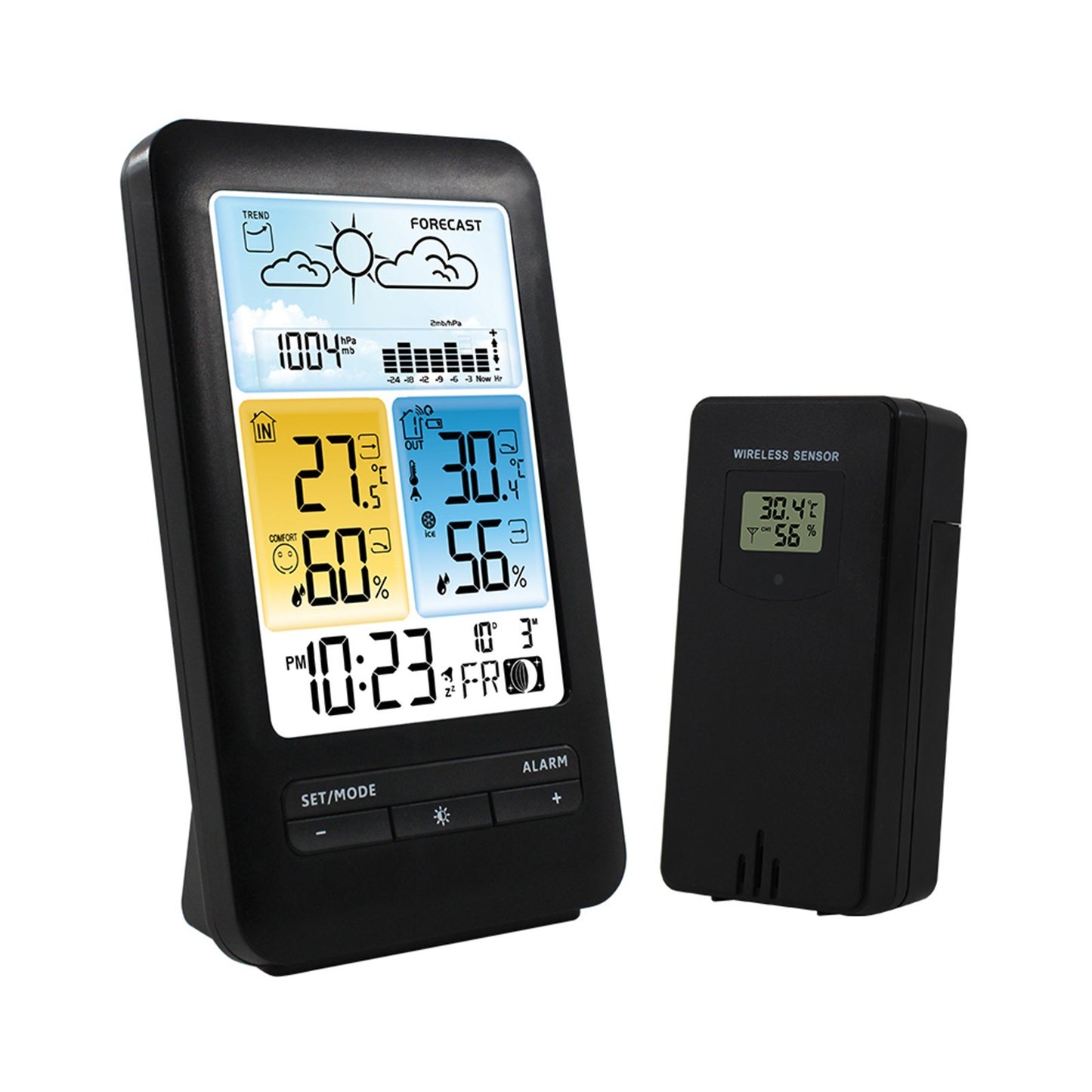 Multifunction LCD Weather Station Alarm Clock with Digital Temperature & Humidity Monitor - Indoor/Outdoor, Backlight, Date/Week, Moon Phase, Comfort Indicator for Home & Office