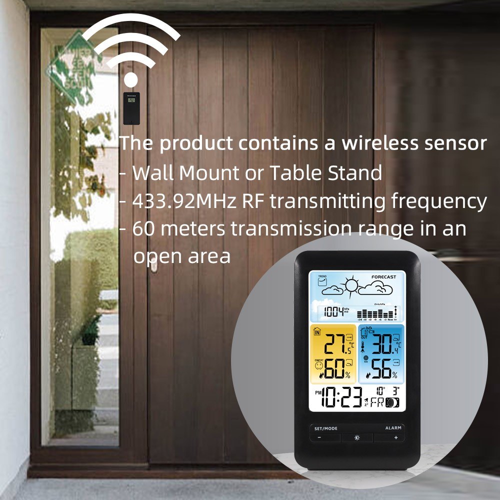 Multifunction LCD Weather Station Alarm Clock with Digital Temperature & Humidity Monitor - Indoor/Outdoor, Backlight, Date/Week, Moon Phase, Comfort Indicator for Home & Office