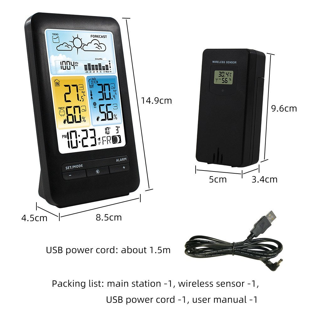 Multifunction LCD Weather Station Alarm Clock with Digital Temperature & Humidity Monitor - Indoor/Outdoor, Backlight, Date/Week, Moon Phase, Comfort Indicator for Home & Office