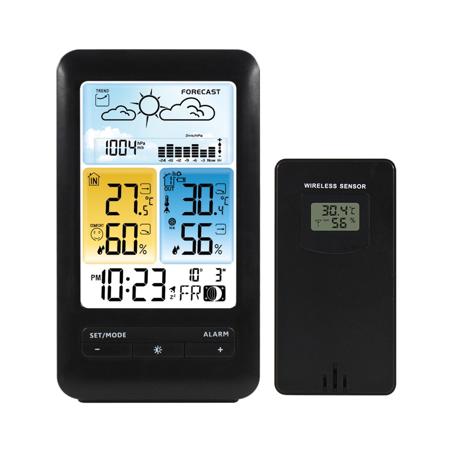Multifunction LCD Weather Station Alarm Clock with Digital Temperature & Humidity Monitor - Indoor/Outdoor, Backlight, Date/Week, Moon Phase, Comfort Indicator for Home & Office
