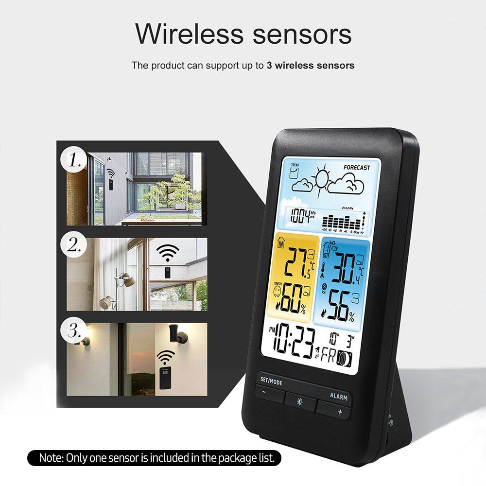Multifunction LCD Weather Station Alarm Clock with Digital Temperature & Humidity Monitor - Indoor/Outdoor, Backlight, Date/Week, Moon Phase, Comfort Indicator for Home & Office