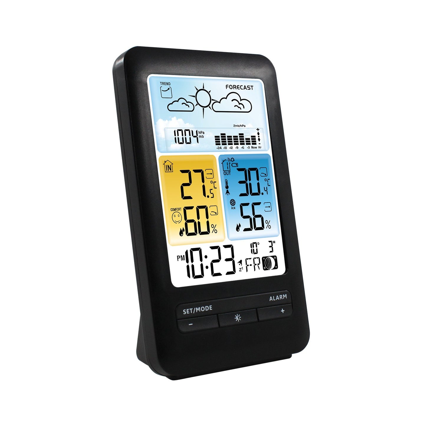 Multifunction LCD Weather Station Alarm Clock with Digital Temperature & Humidity Monitor - Indoor/Outdoor, Backlight, Date/Week, Moon Phase, Comfort Indicator for Home & Office