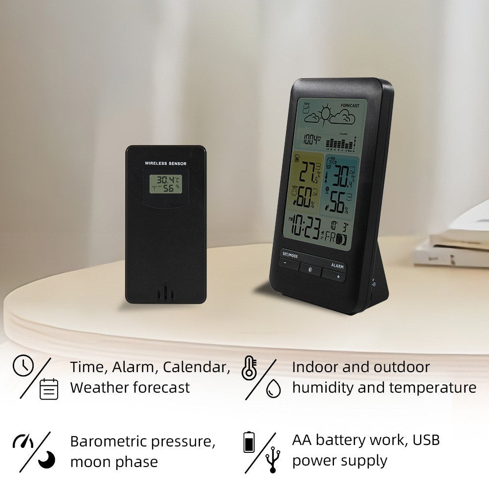 Multifunction LCD Weather Station Alarm Clock with Digital Temperature & Humidity Monitor - Indoor/Outdoor, Backlight, Date/Week, Moon Phase, Comfort Indicator for Home & Office