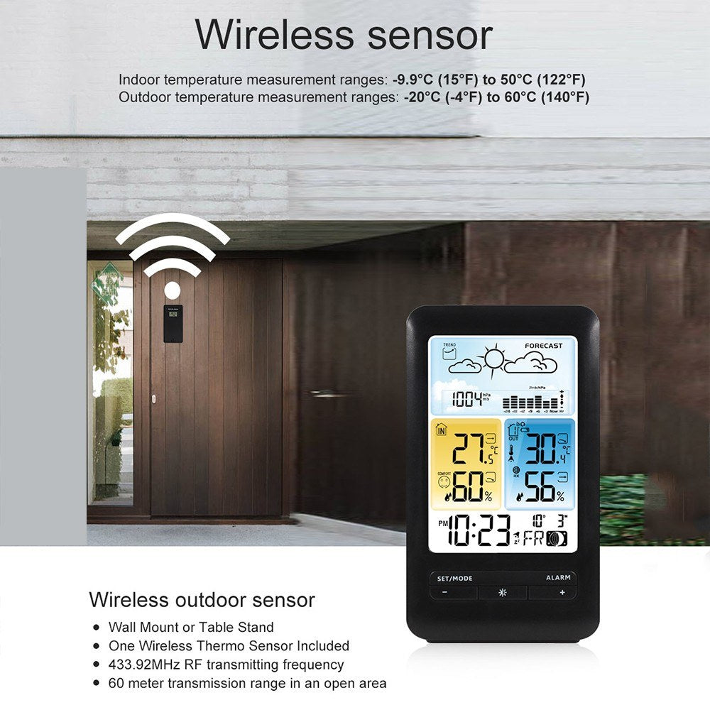 Multifunction LCD Weather Station Alarm Clock with Digital Temperature & Humidity Monitor - Indoor/Outdoor, Backlight, Date/Week, Moon Phase, Comfort Indicator for Home & Office