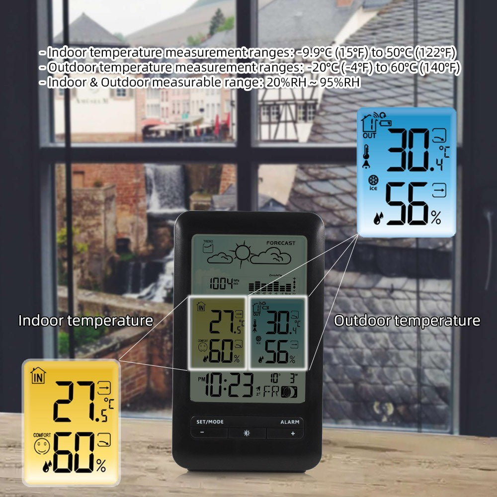 Multifunction LCD Weather Station Alarm Clock with Digital Temperature & Humidity Monitor - Indoor/Outdoor, Backlight, Date/Week, Moon Phase, Comfort Indicator for Home & Office