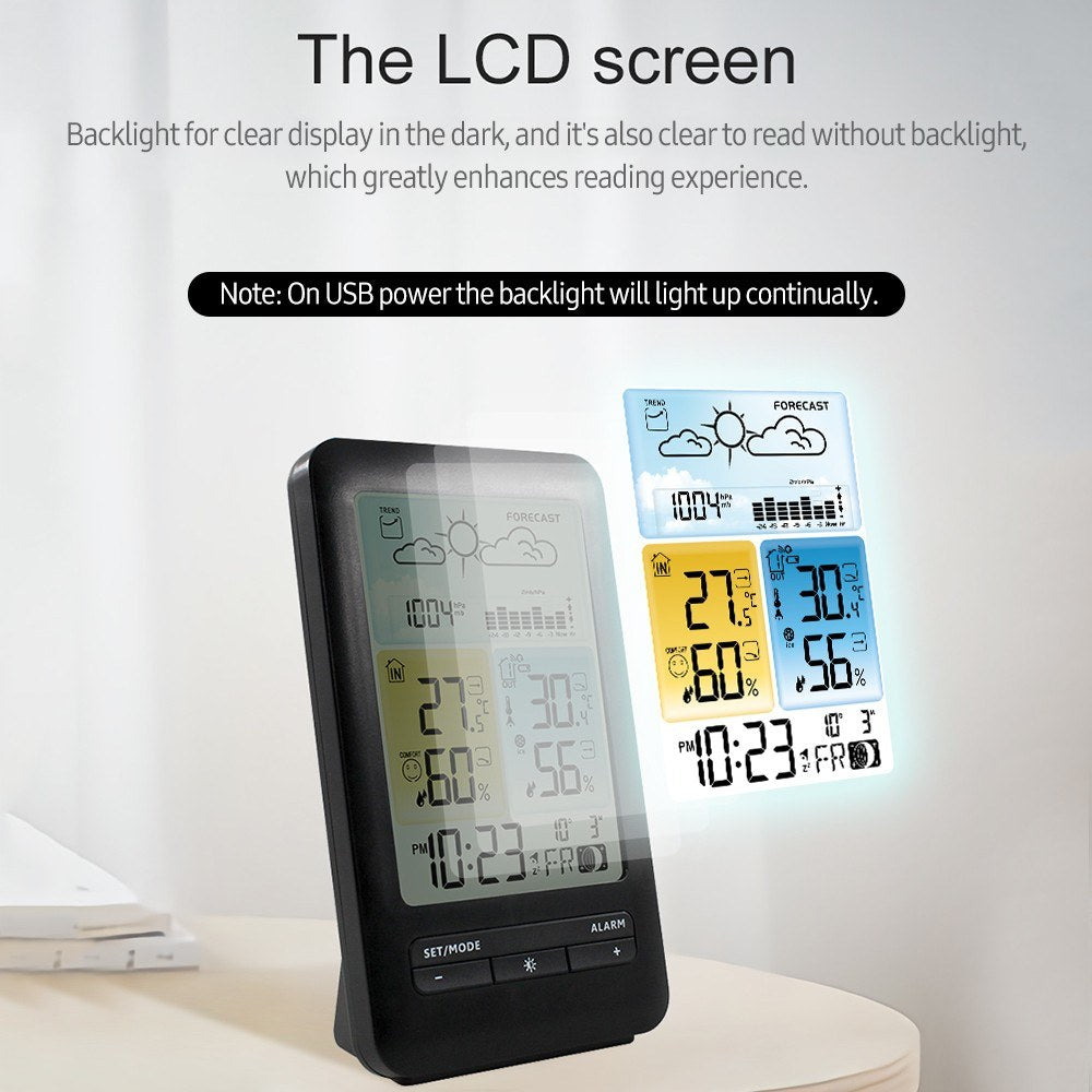 Multifunction LCD Weather Station Alarm Clock with Digital Temperature & Humidity Monitor - Indoor/Outdoor, Backlight, Date/Week, Moon Phase, Comfort Indicator for Home & Office