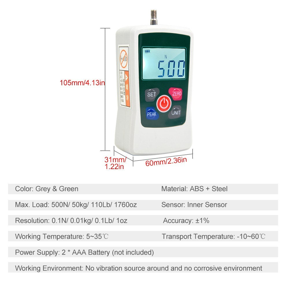 Portable Digital Force Gauge 500N/50kg/110Lb/1760oz, Switchable Units, Backlit Display, Mini Dynamometer with 6 Fixtures & Storage Case, Auto Power Off