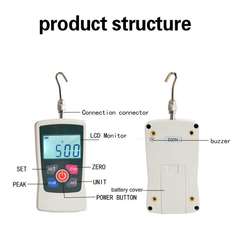 Portable Digital Force Gauge 500N/50kg/110Lb/1760oz, Switchable Units, Backlit Display, Mini Dynamometer with 6 Fixtures & Storage Case, Auto Power Off