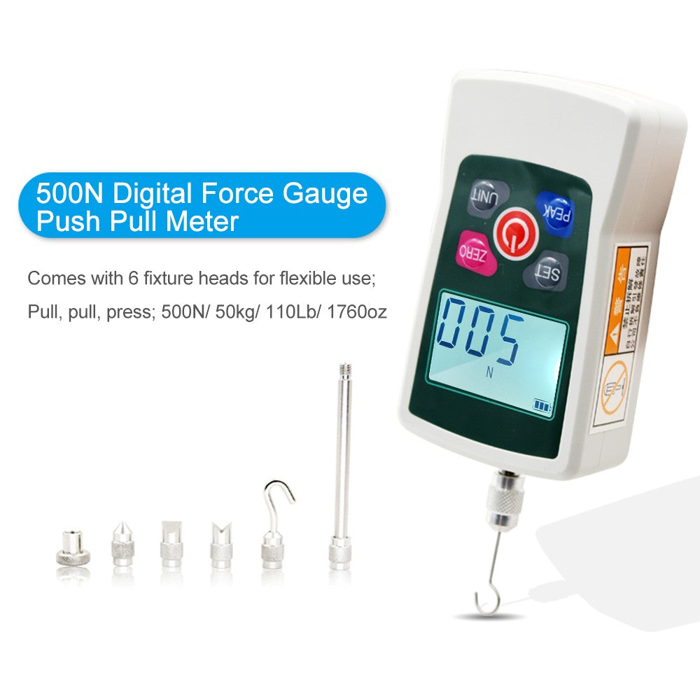 Portable Digital Force Gauge 500N/50kg/110Lb/1760oz, Switchable Units, Backlit Display, Mini Dynamometer with 6 Fixtures & Storage Case, Auto Power Off