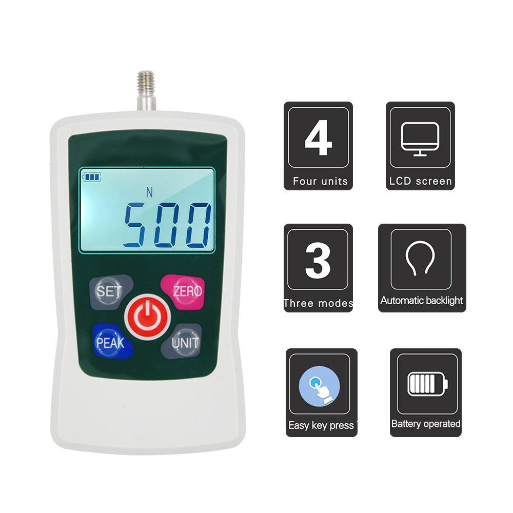 Portable Digital Force Gauge 500N/50kg/110Lb/1760oz, Switchable Units, Backlit Display, Mini Dynamometer with 6 Fixtures & Storage Case, Auto Power Off