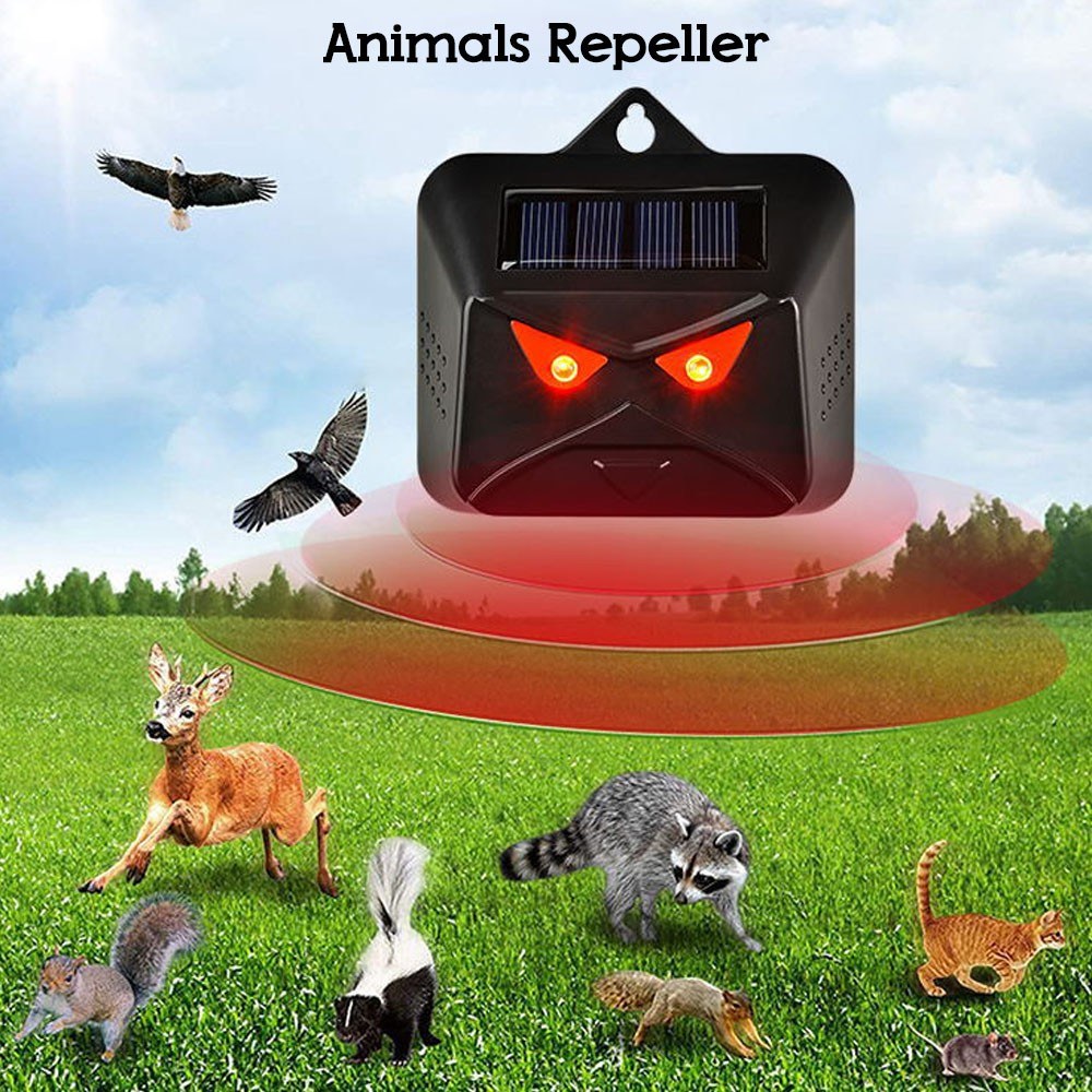 Dual-Powered Animal Repeller with Multi-Silicon Solar Panel & Flashing Red LED