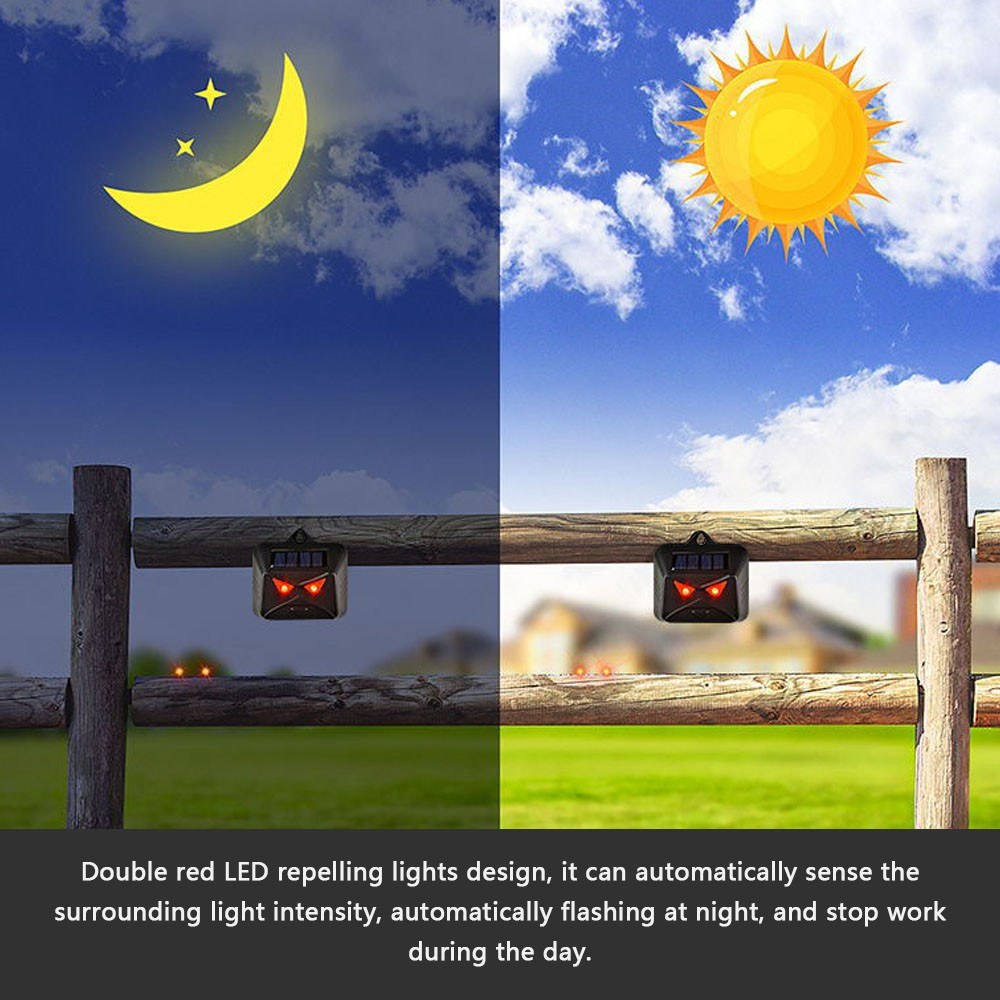 Dual-Powered Animal Repeller with Multi-Silicon Solar Panel & Flashing Red LED