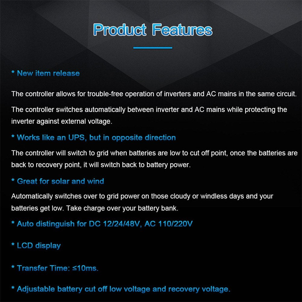 Automatic Dual Power Transfer Switch ATS for Solar & Wind Systems, DC 12V/24V/48V, AC 110V/220V, Auto Detection