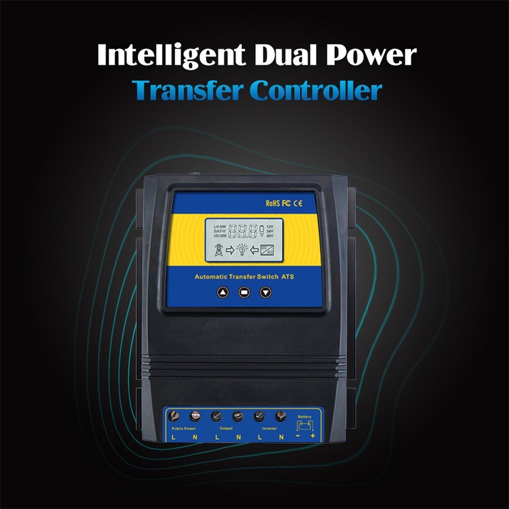 Automatic Dual Power Transfer Switch ATS for Solar & Wind Systems, DC 12V/24V/48V, AC 110V/220V, Auto Detection