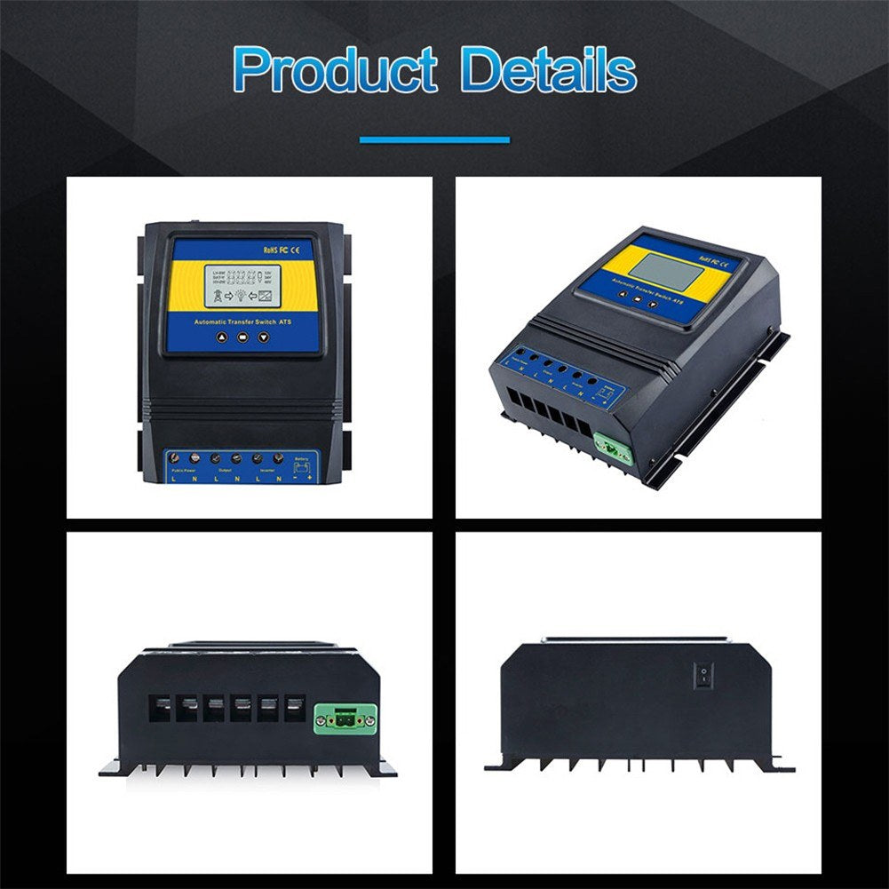 Automatic Dual Power Transfer Switch ATS for Solar & Wind Systems, DC 12V/24V/48V, AC 110V/220V, Auto Detection