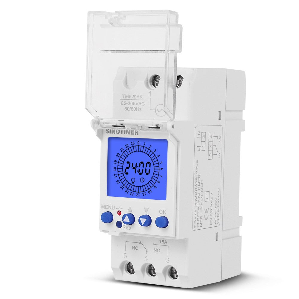 24-Hour Digital LCD Programmable Timer Switch, 85-265V Din Rail, 15-Minute Intervals
