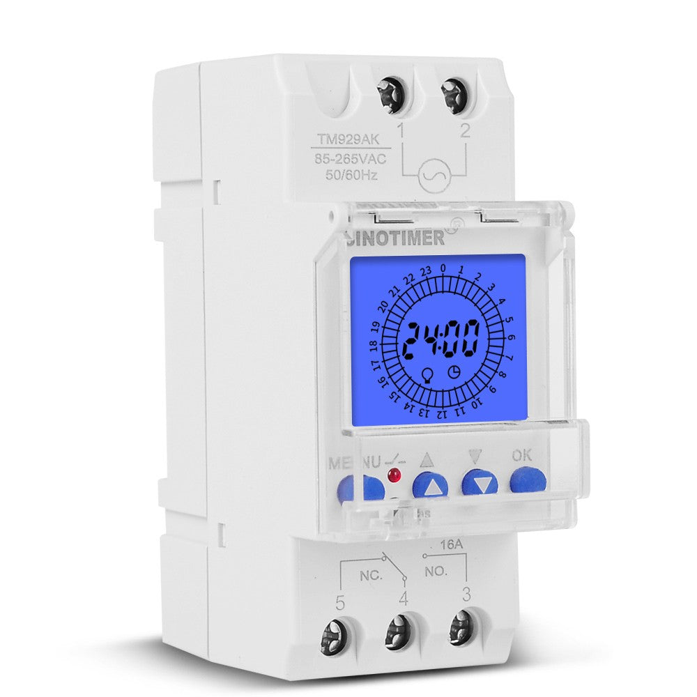 24-Hour Digital LCD Programmable Timer Switch, 85-265V Din Rail, 15-Minute Intervals