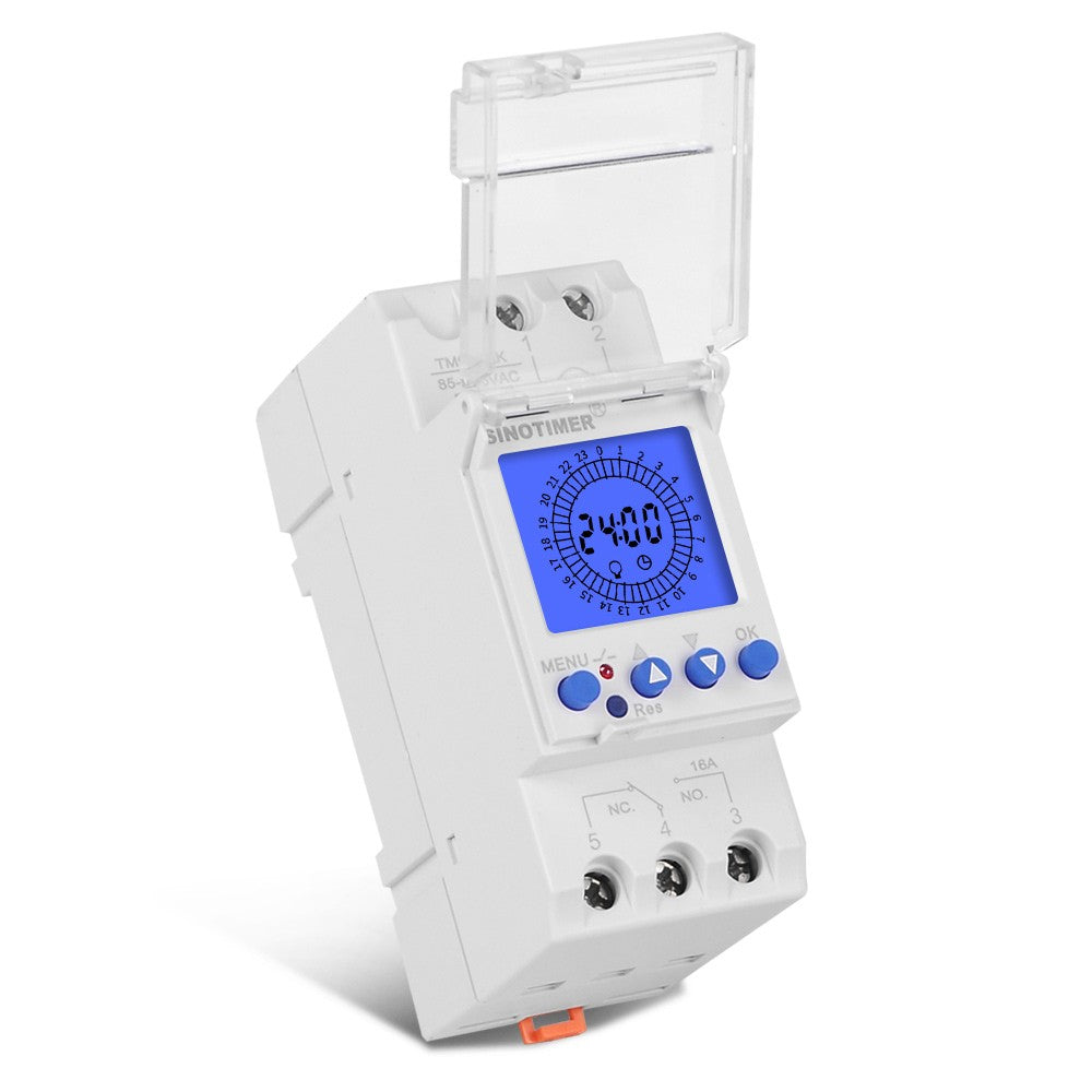 24-Hour Digital LCD Programmable Timer Switch, 85-265V Din Rail, 15-Minute Intervals