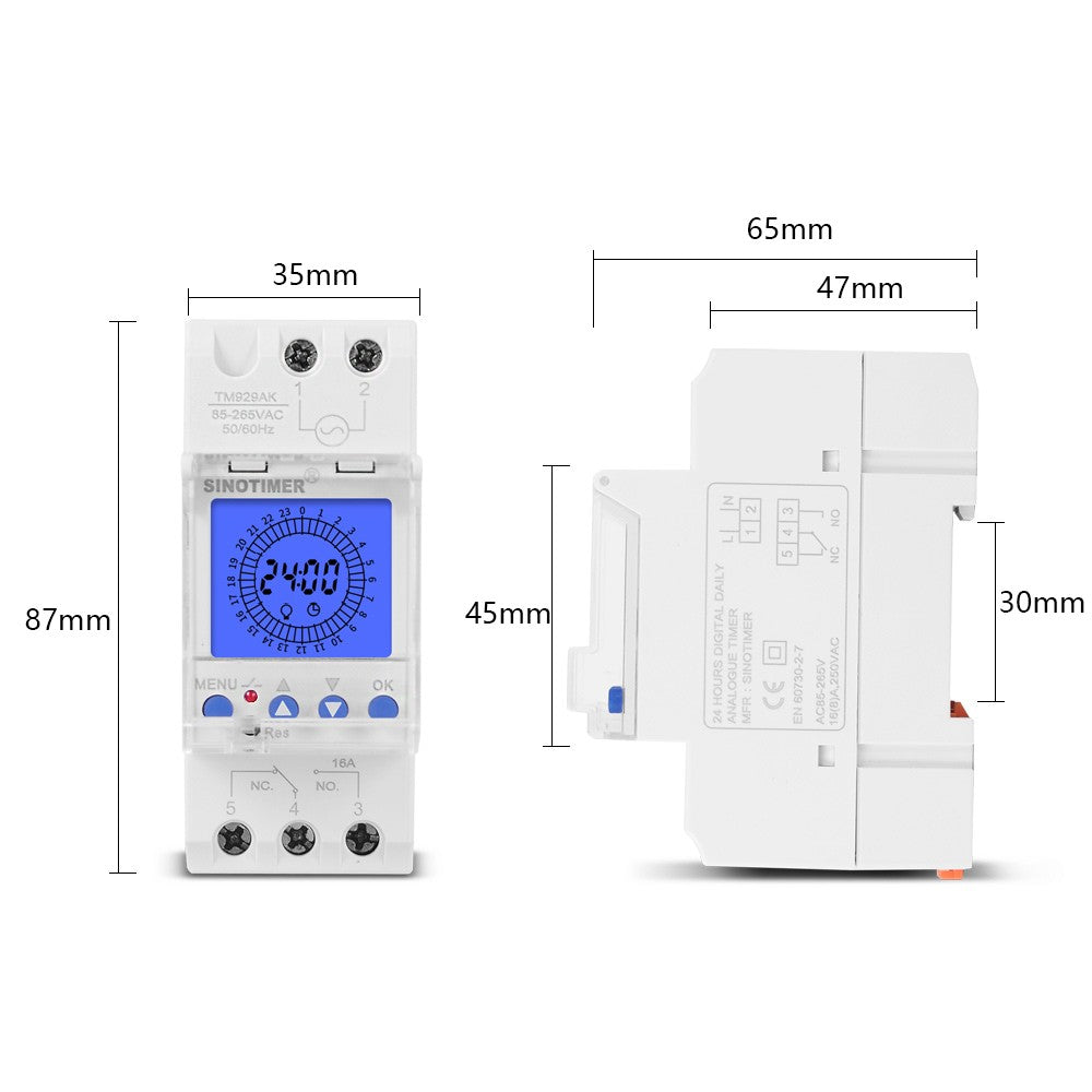 24-Hour Digital LCD Programmable Timer Switch, 85-265V Din Rail, 15-Minute Intervals