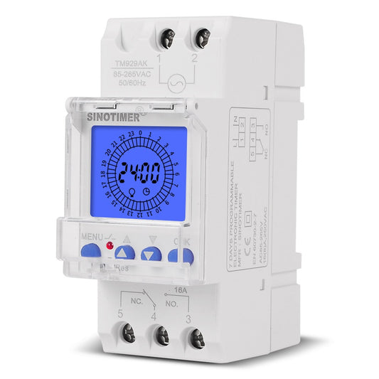 24-Hour Digital LCD Programmable Timer Switch, 85-265V Din Rail, 15-Minute Intervals