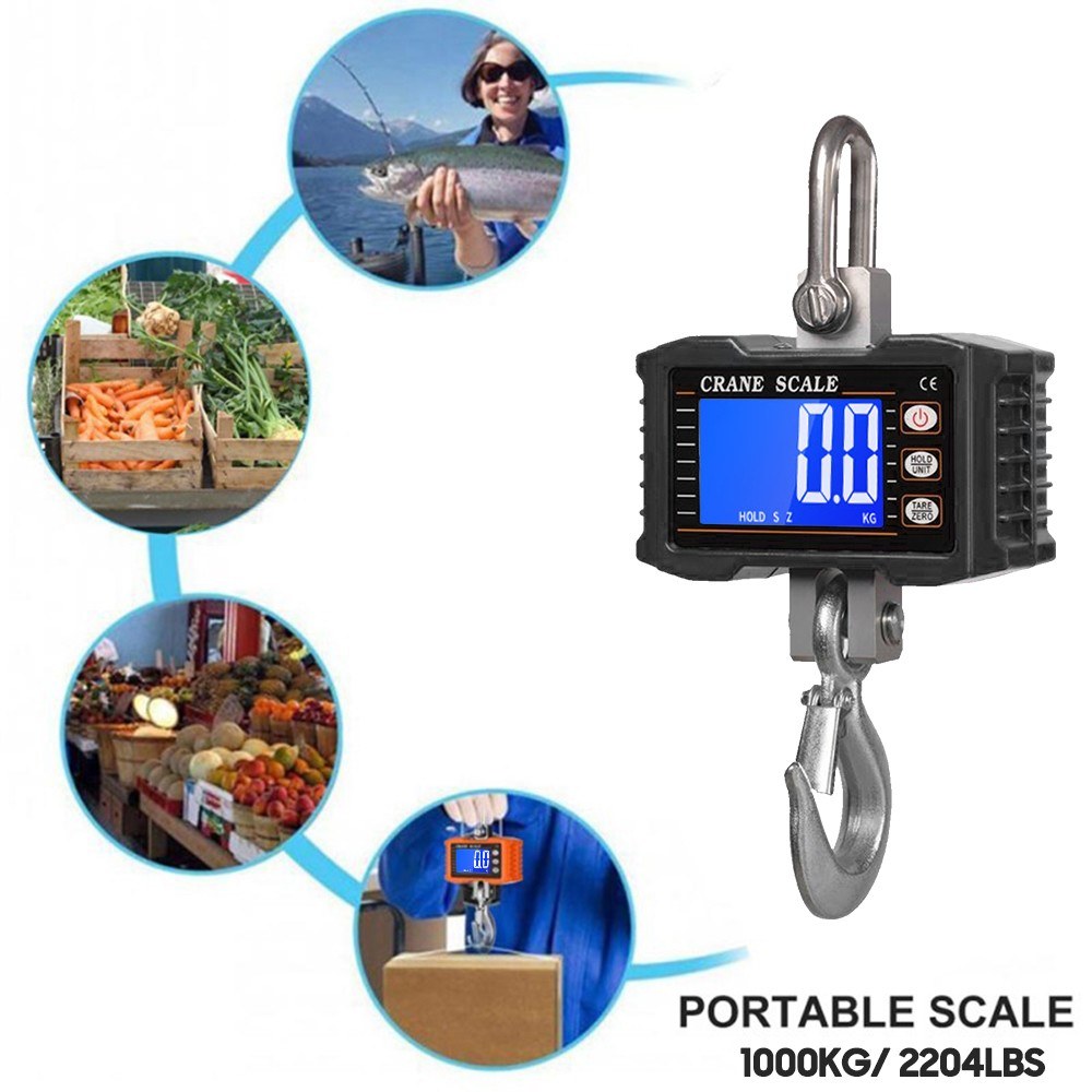 Heavy Duty Digital Crane Scale 1000kg/2204lbs, Portable LCD Backlight Industrial Hook with Unit Change, Data Hold, Tare, Zero - Ideal for Construction, Travel, Market, Fishing, Outdoor Work