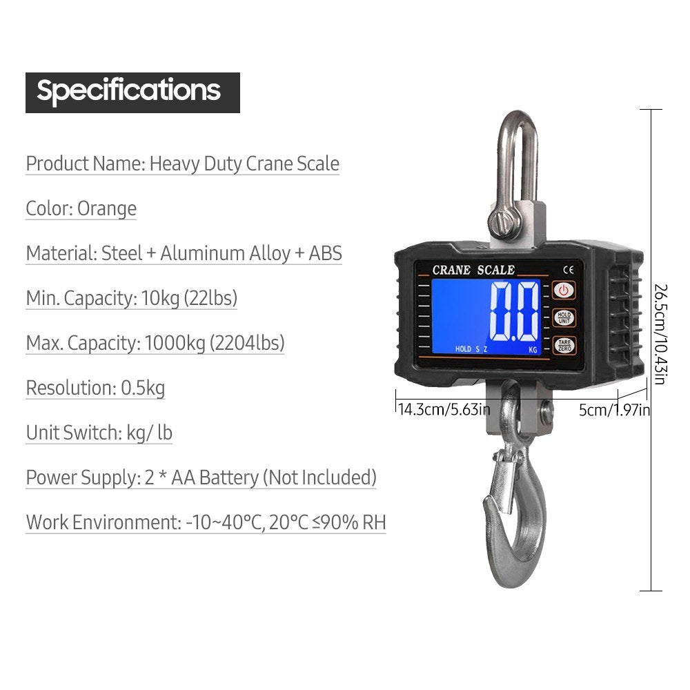 Heavy Duty Digital Crane Scale 1000kg/2204lbs, Portable LCD Backlight Industrial Hook with Unit Change, Data Hold, Tare, Zero - Ideal for Construction, Travel, Market, Fishing, Outdoor Work