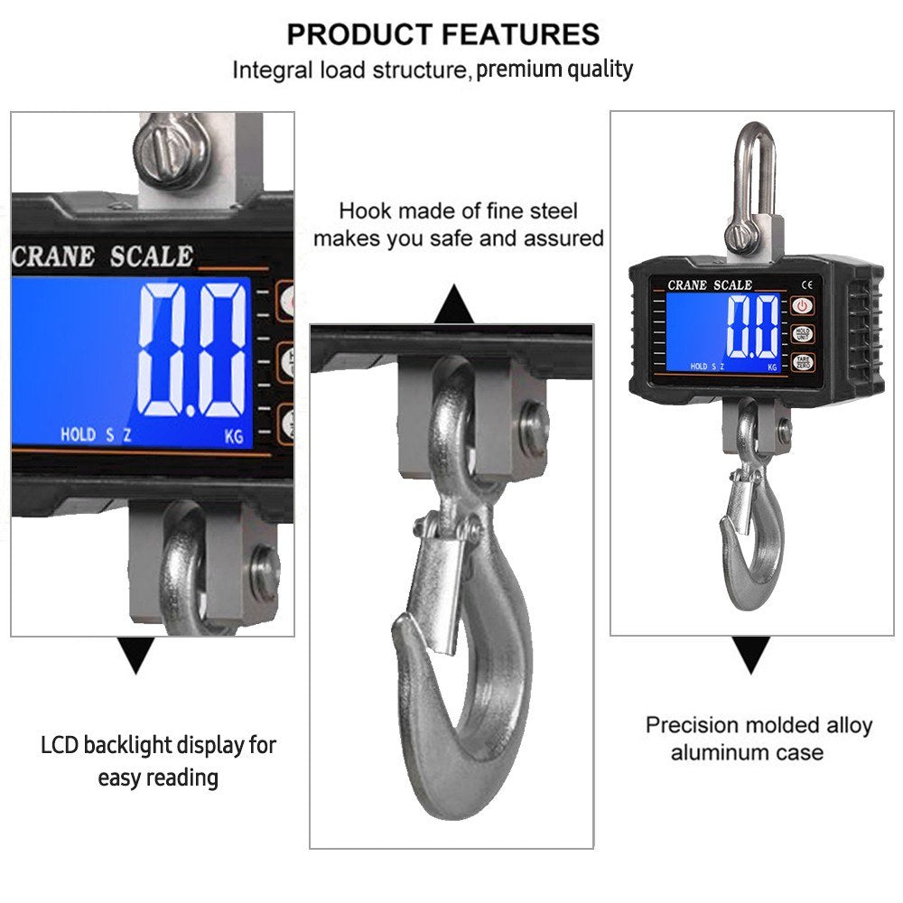 Heavy Duty Digital Crane Scale 1000kg/2204lbs, Portable LCD Backlight Industrial Hook with Unit Change, Data Hold, Tare, Zero - Ideal for Construction, Travel, Market, Fishing, Outdoor Work