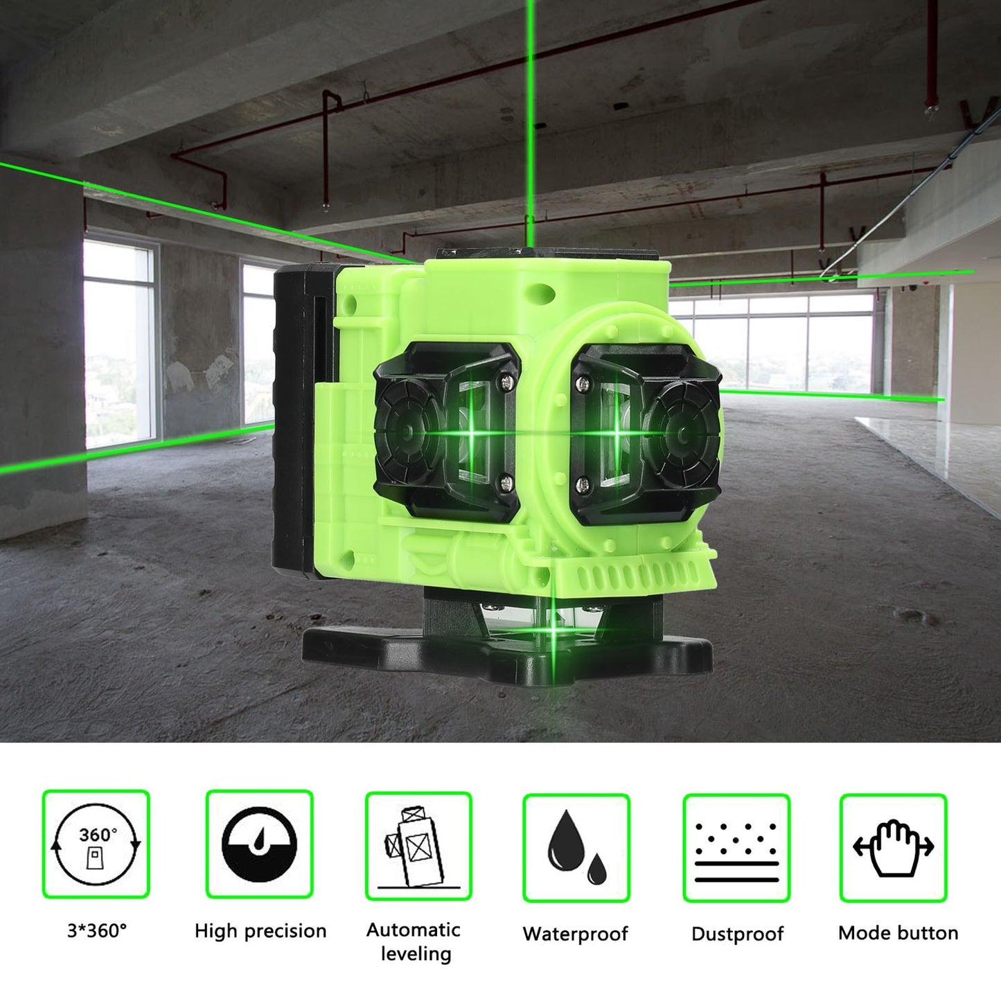 12-Line Green Laser Level with 3° Self-Leveling, Rechargeable Lithium Battery, Multifunctional Leveling Tool with Omnidirectional Ground and Wall Mount