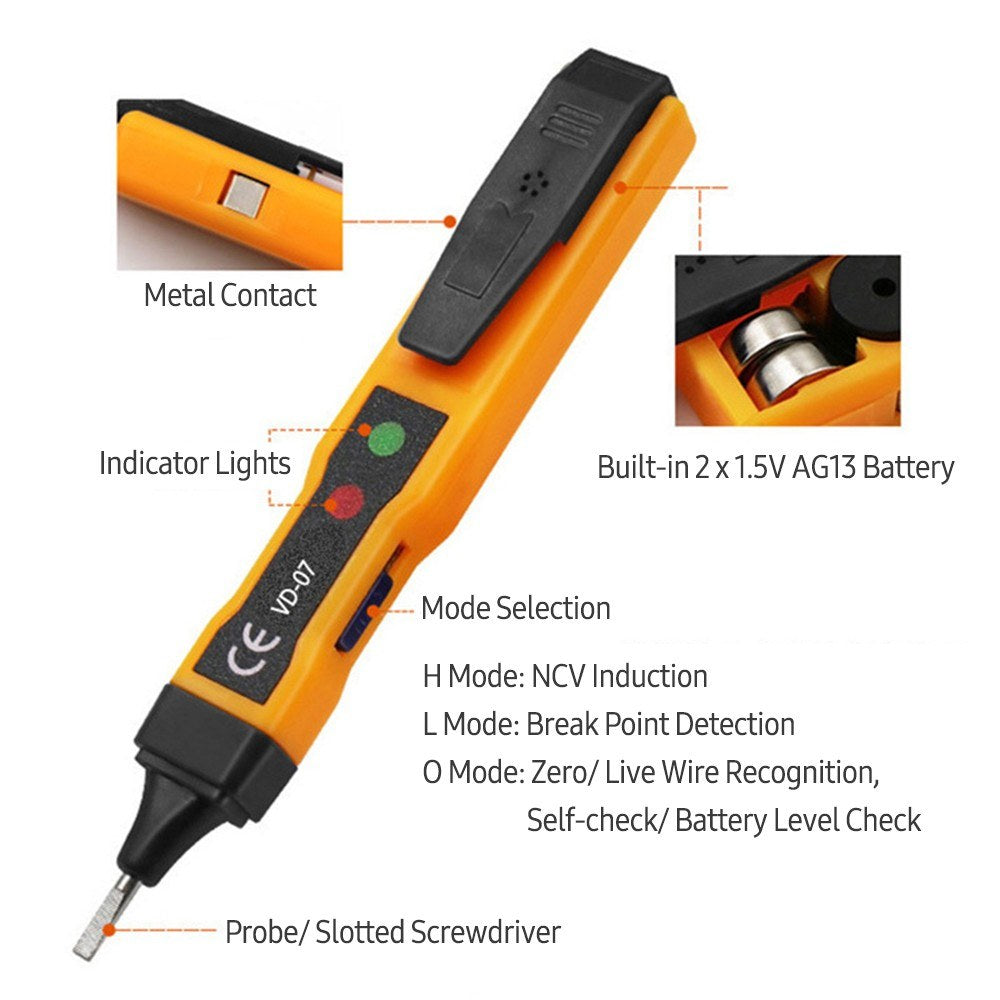 Portable Non-Contact AC Voltage Tester Pen 70-250V with Sound & Light Alarm, Zero/Live Wire Detection, Breakpoint Detection, Battery Checker