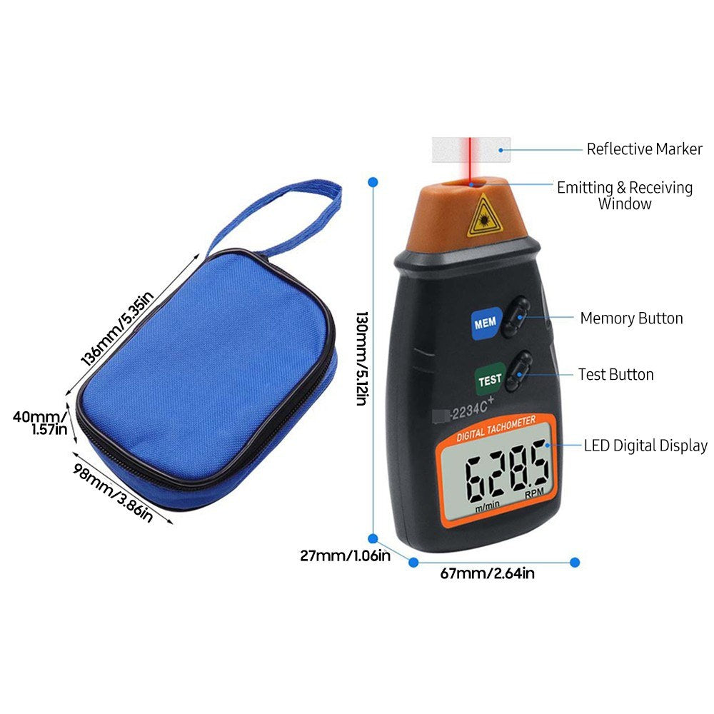 Non-Contact Handheld Digital Laser Tachometer 2.5-99999RPM with Carrying Bag for Motors, Fans, Washing Machines, Automobiles
