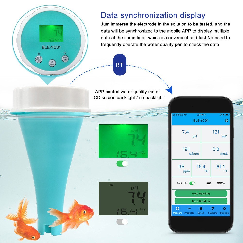 6-in-1 Portable Water Quality Detector with BT App & LCD Display (PH, EC, TDS, ORP, Temp, Chlorine)