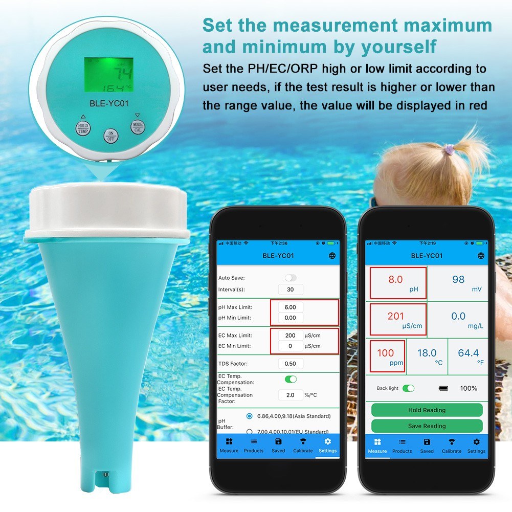 6-in-1 Portable Water Quality Detector with BT App & LCD Display (PH, EC, TDS, ORP, Temp, Chlorine)