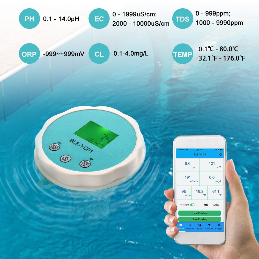 6-in-1 Portable Water Quality Detector with BT App & LCD Display (PH, EC, TDS, ORP, Temp, Chlorine)