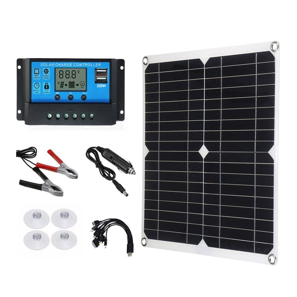 Waterproof 18V 25W Monocrystalline Solar Panel Kit with Dual USB & 12/24V 60A PWM Controller for Outdoor Camping