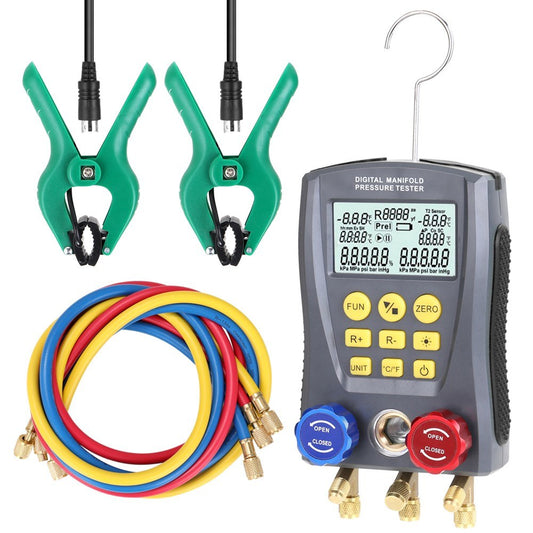 Digital Manifold Pressure Gauge & Vacuum Tester for HVAC Systems - Temperature & Valves Tool Kit