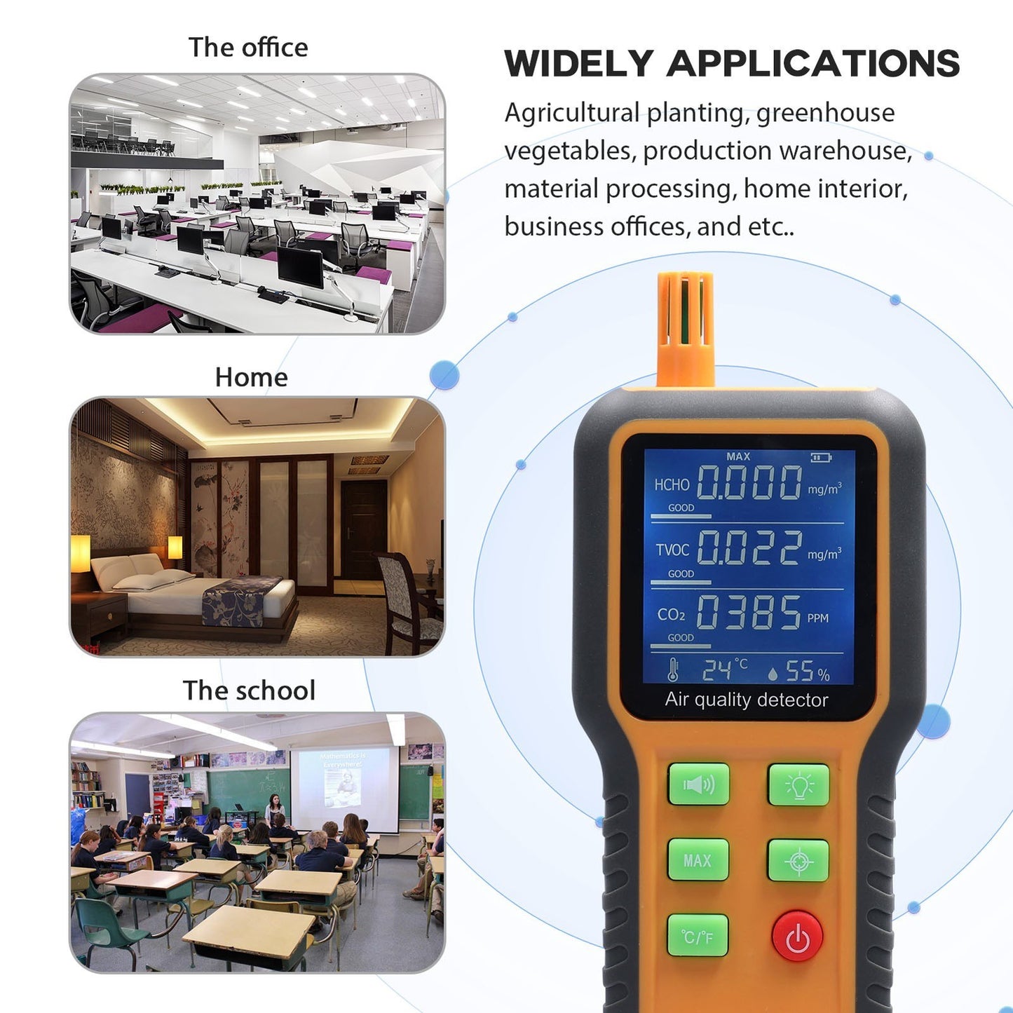 Multifunctional Air Quality Detector with LCD Backlit Display: CO2, TVOC, HCHO, Temperature & Humidity Sensors, Self-Calibrating & Alarm Function